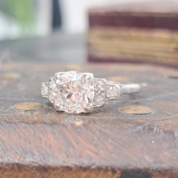 Antique Vintage Art Deco 1.68ct Old Brilliant Cut Diamond Engagement Ring, 1.68ct old brilliant-cut diamond flanked by single-cut diamonds in 18ct white gold and platinum