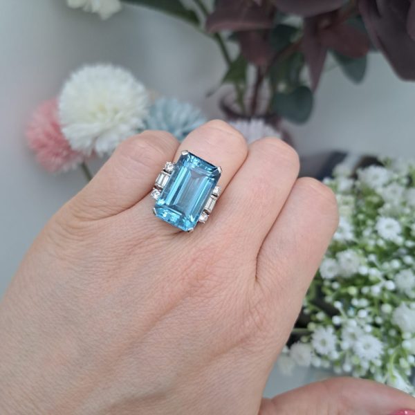 Art Deco aquamarine and diamond long dinner dress ring. Vintage 1920 to 1930s