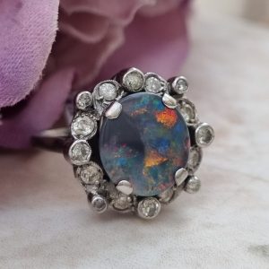 Vintage Black Opal and Diamond Cluster Ring in Platinum