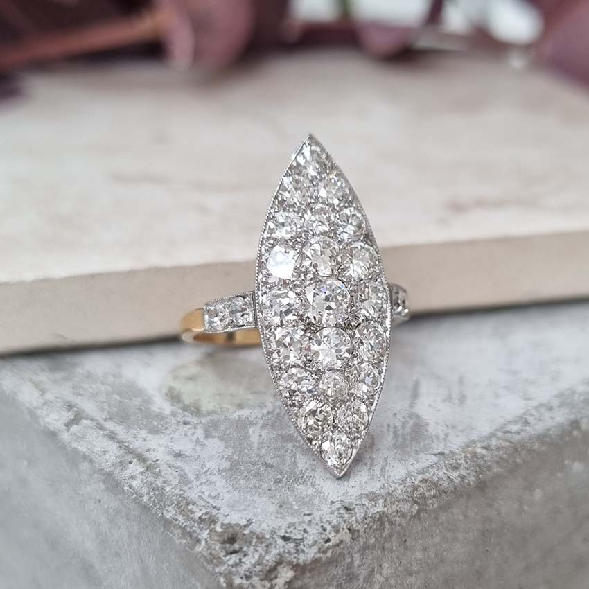 Edwardian Antique Old Cut Diamond Navette Cluster Plaque Tablet Ring set with sparkling old European transitional cut diamonds in platinum to 18ct yellow gold