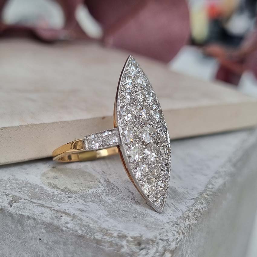 Edwardian Antique Old Cut Diamond Navette Cluster Plaque Tablet Ring set with sparkling old European transitional cut diamonds in platinum to 18ct yellow gold