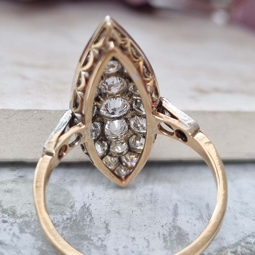 Edwardian Antique Old Cut Diamond Navette Cluster Plaque Tablet Ring set with sparkling old European transitional cut diamonds in platinum to 18ct yellow gold