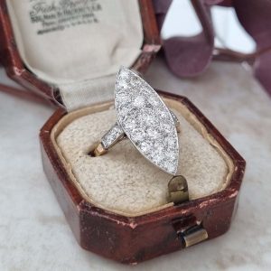 Edwardian Antique Old Cut Diamond Navette Cluster Plaque Tablet Ring set with sparkling old European transitional cut diamonds in platinum to 18ct yellow gold