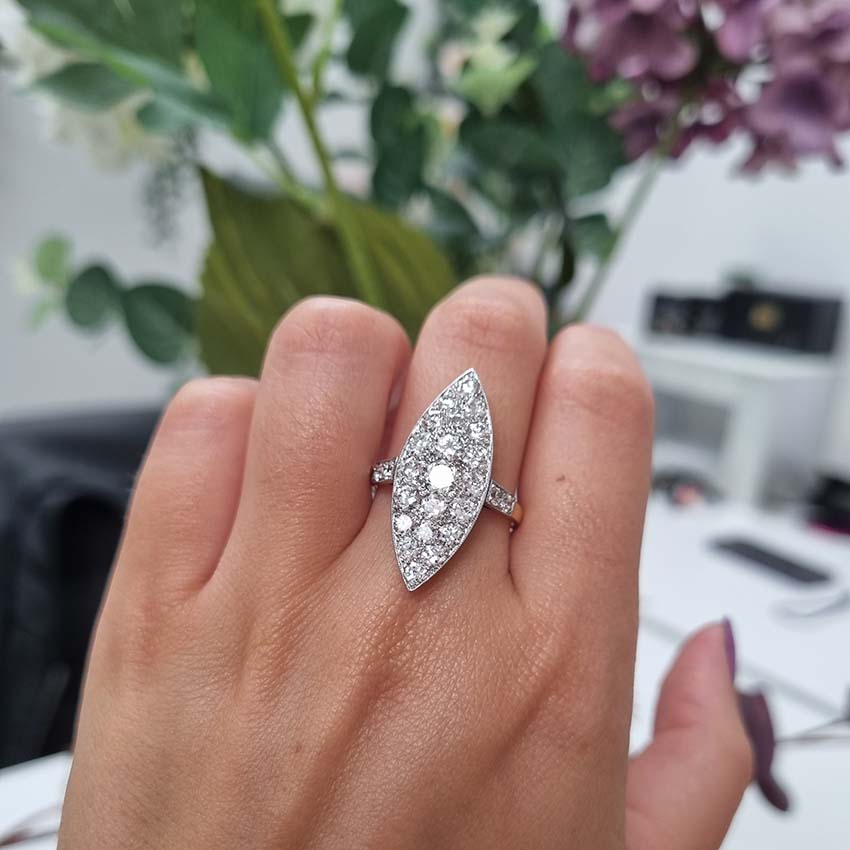 Edwardian Antique Old Cut Diamond Navette Cluster Plaque Tablet Ring set with sparkling old European transitional cut diamonds in platinum to 18ct yellow gold