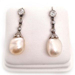 Antique Natural Pearl and Diamond Drop Earrings
