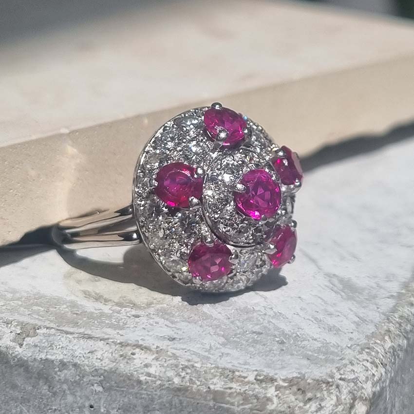 Vintage 2ct Ruby and 1.20ct Diamond Bombe Cluster Cocktail Ring in Platinum Cool circular domed ring pave with clean white diamonds with six intense red rubies