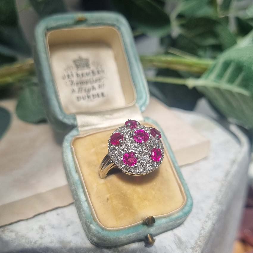 Vintage 2ct Ruby and 1.20ct Diamond Bombe Cluster Cocktail Ring in Platinum Cool circular domed ring pave with clean white diamonds with six intense red rubies