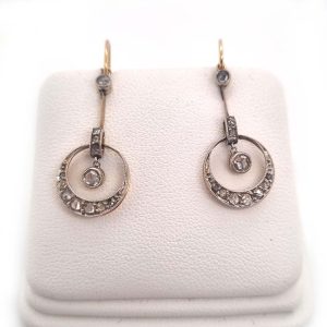 Edwardian Antique 0.60ct Rose Cut Diamond Drop Earrings in Platinum to Yellow Gold, diamond solitaire tops suspend knife bars to diamond loops and graduating crescent moons with sizzling diamond centres, Circa 1900