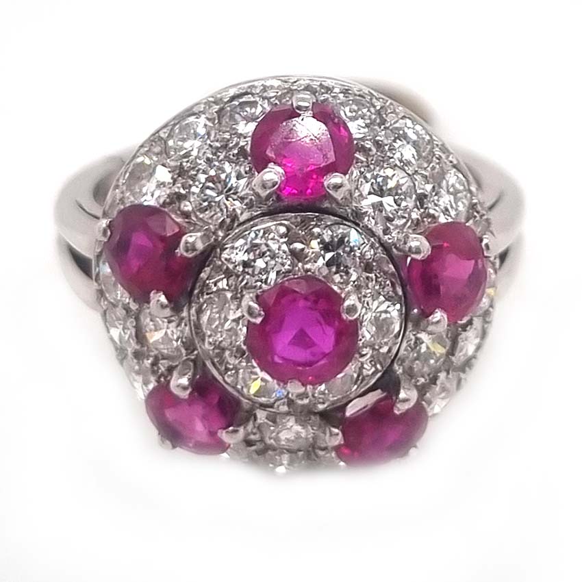 Vintage 2ct Ruby and 1.20ct Diamond Bombe Cluster Cocktail Ring in Platinum Cool circular domed ring pave with clean white diamonds with six intense red rubies