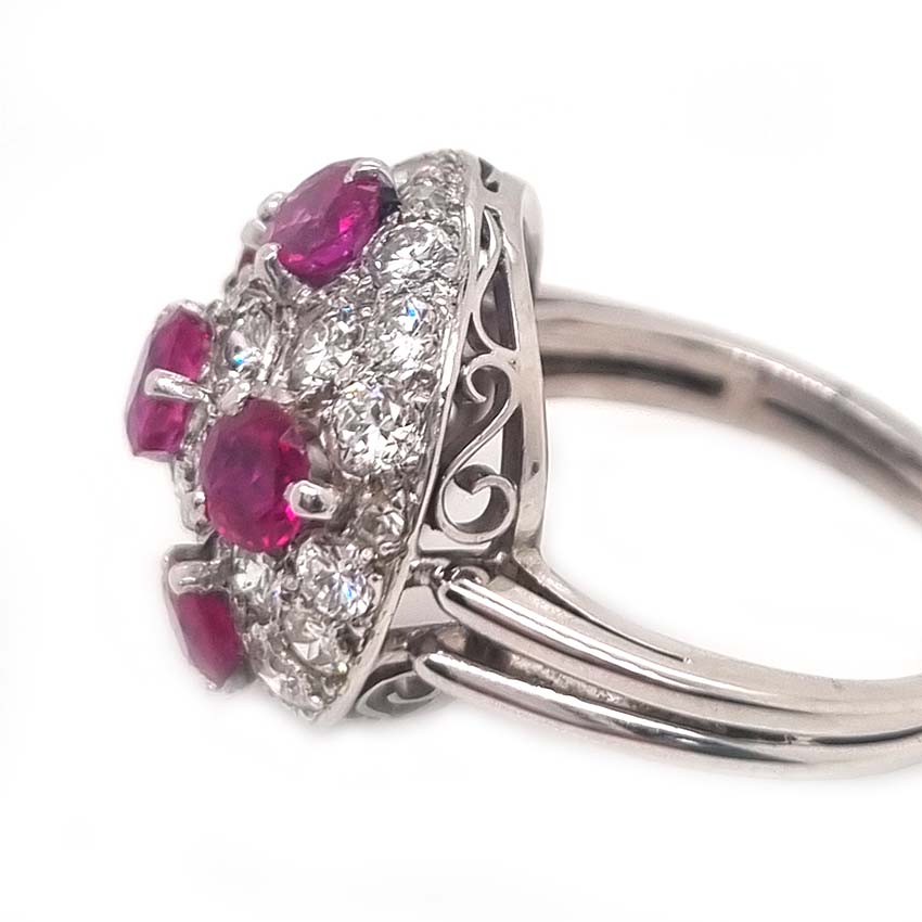Vintage 2ct Ruby and 1.20ct Diamond Bombe Cluster Cocktail Ring in Platinum Cool circular domed ring pave with clean white diamonds with six intense red rubies