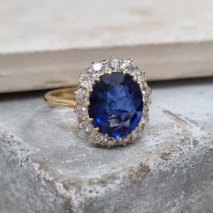Antique 3.21ct Royal Blue Sapphire and Old Cut Diamond Cluster Engagement Ring in 18ct Yellow Gold. lovely low profile on the finger, easy wearable ring