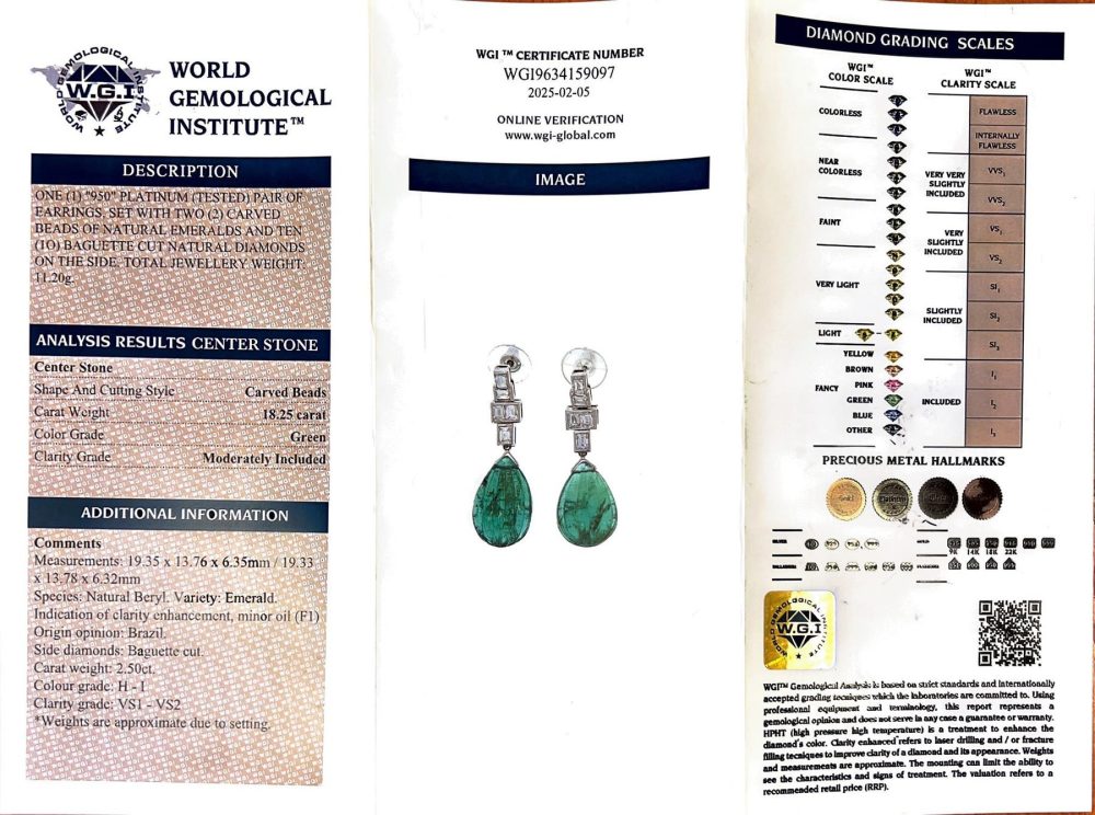 Emerald and diamond earrings in platinum,
