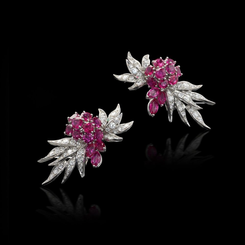 Vintage ruby and diamond earrings in platinum.