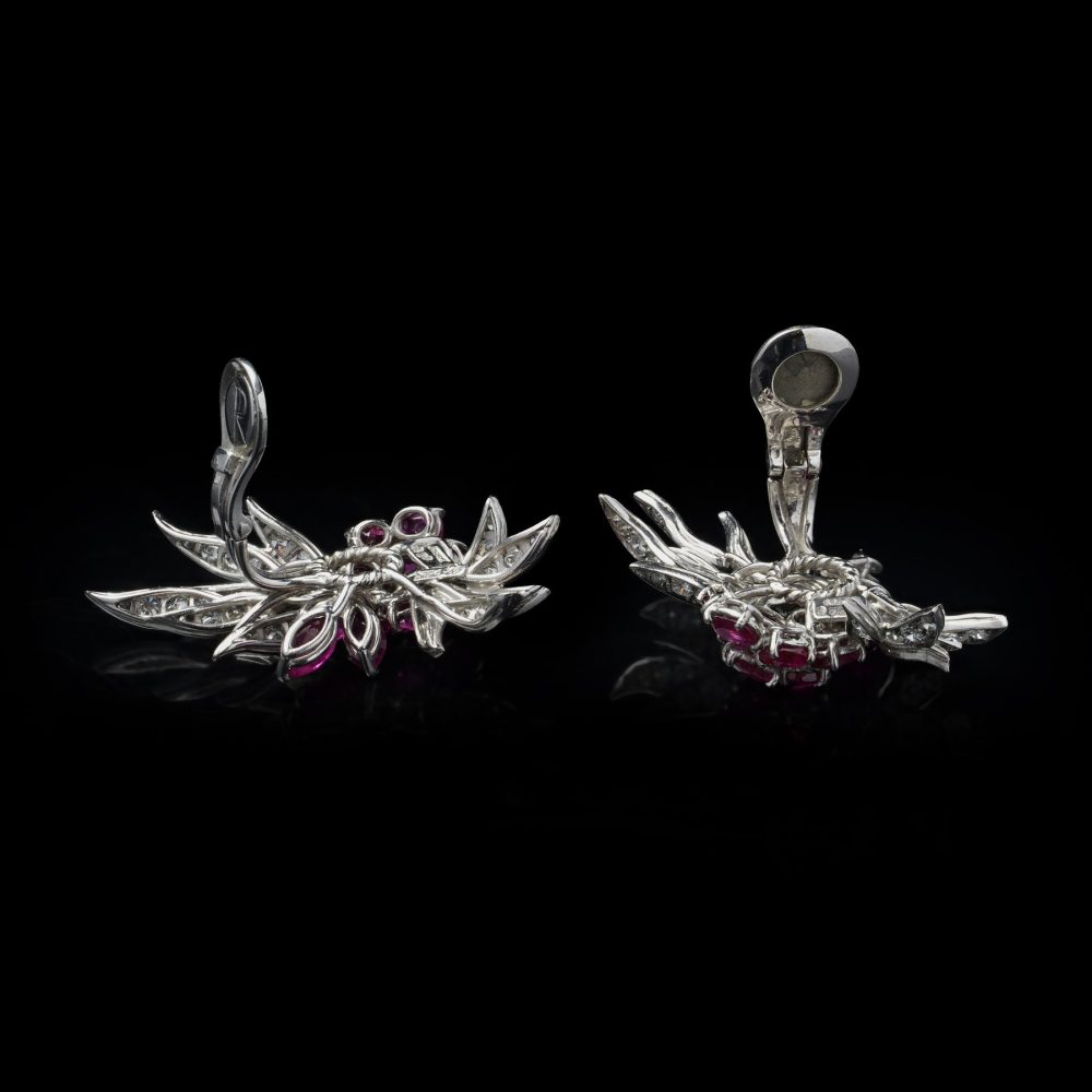 Vintage ruby and diamond earrings in platinum.