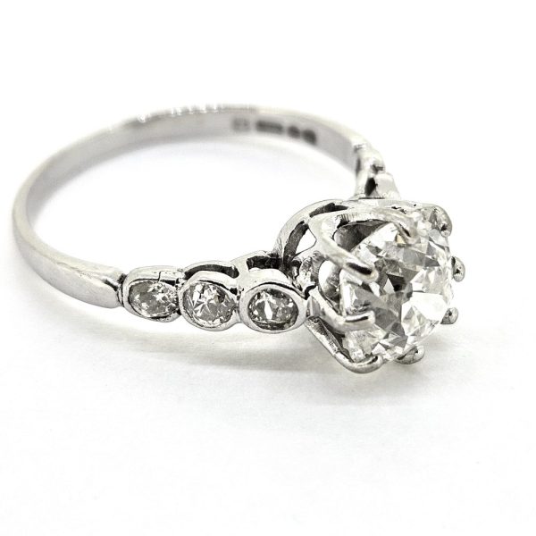 1.70ct Old Cut Diamond Solitaire Engagement Ring, single stone 1.70 carat old-cut diamond eight-claw set and flanked by bezel set diamonds to the shoulders