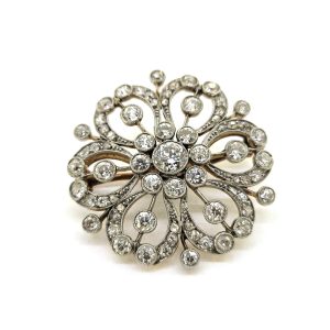 Antique Old Cut Diamond Floral Cluster Brooch Pendant, circular floral brooch set with nice bright old cut diamonds in platinum on yellow gold