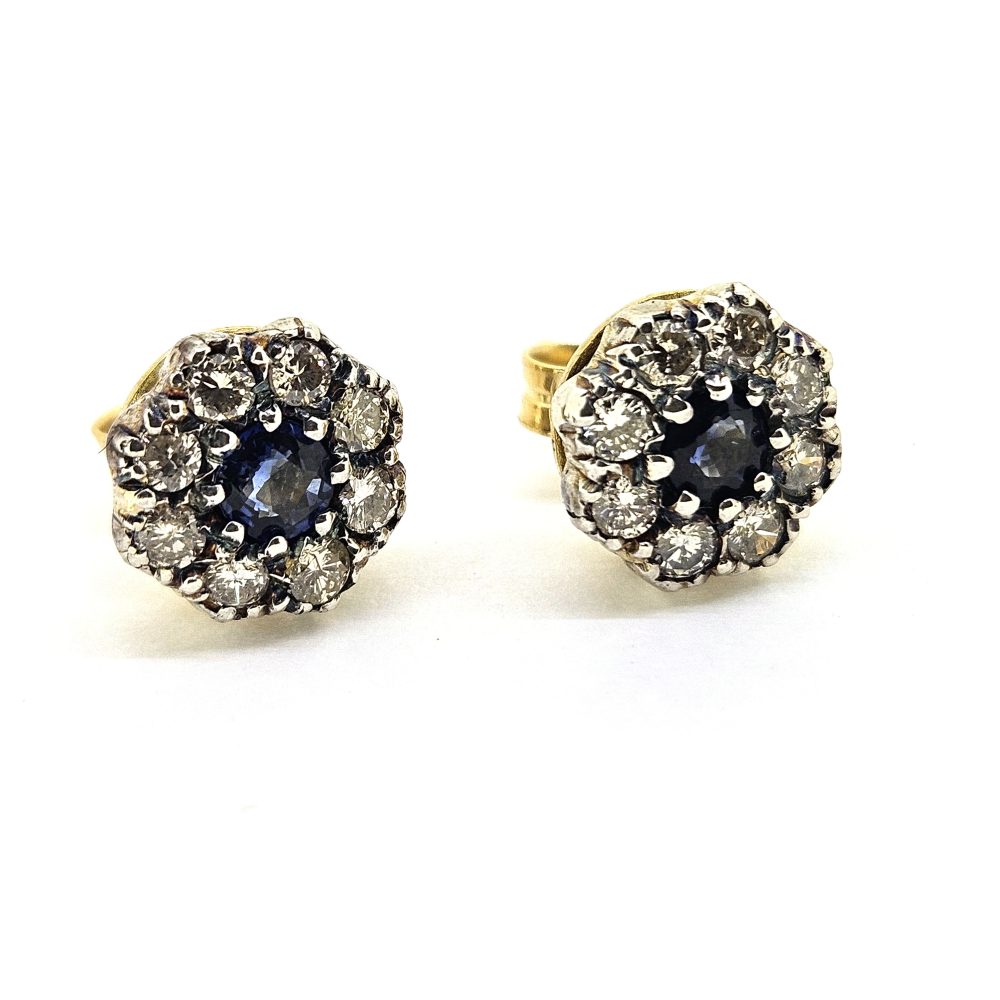 Sapphire and Diamond Cluster Stud Earrings, round blue sapphires are surrounded by diamonds in silver on 18ct yellow gold