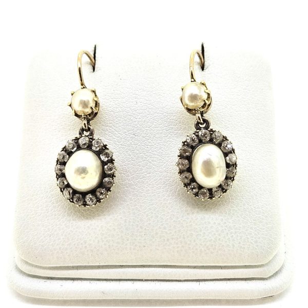 Victorian Antique Natural Pearl and Diamond Drop Earrings, Natural pearl and diamond cluster pendant drops suspended from natural pearl tops