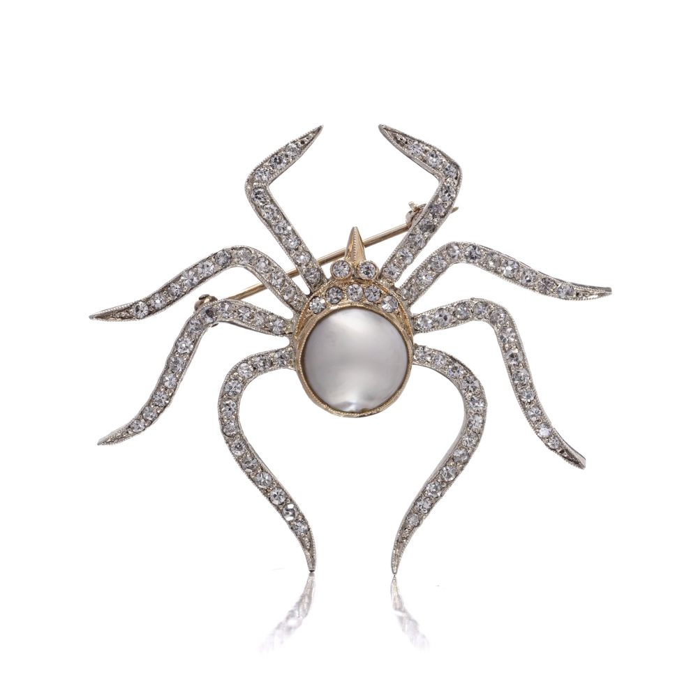 Diamond and Natural Pearl Spider Brooch in 9ct Gold and Silver