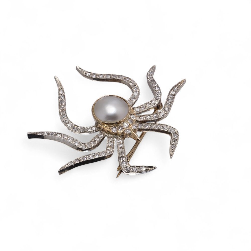Diamond and Natural Pearl Spider Brooch in 9ct Gold and Silver