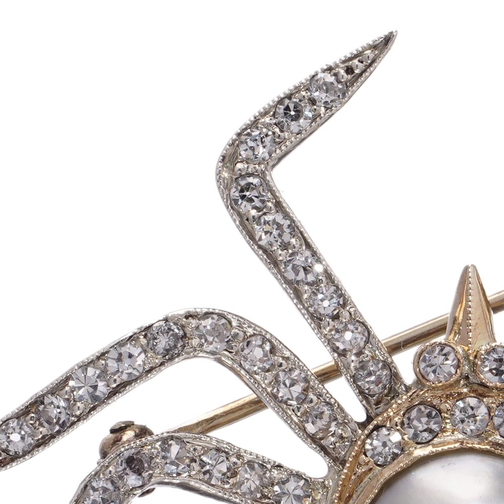 Diamond and Natural Pearl Spider Brooch in 9ct Gold and Silver
