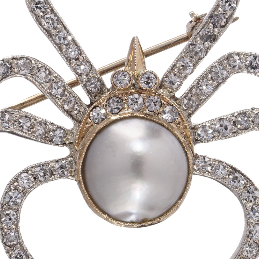 Diamond and Natural Pearl Spider Brooch in 9ct Gold and Silver