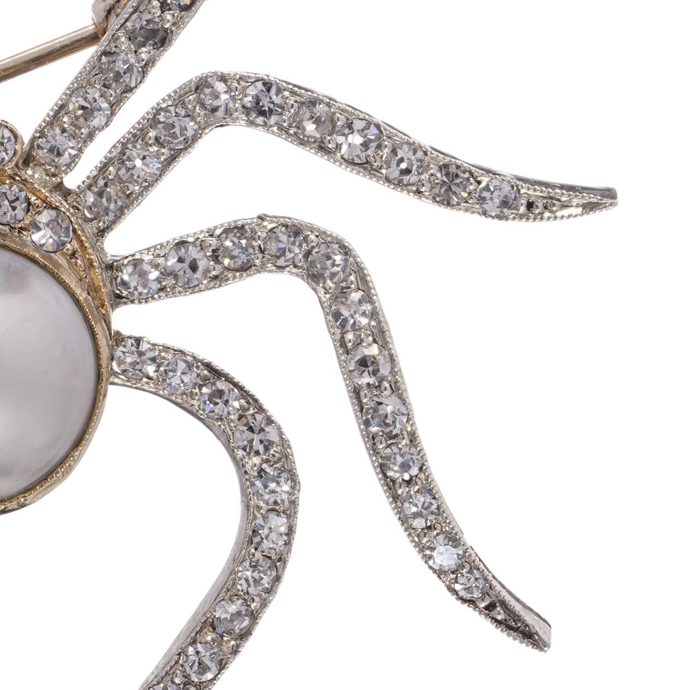 Diamond and Natural Pearl Spider Brooch in 9ct Gold and Silver