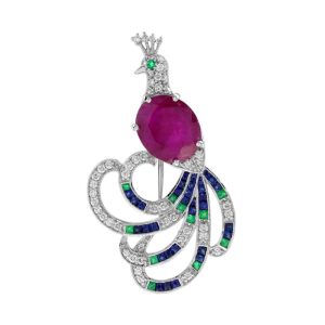 Certified 4.25ct Burma Ruby Emerald Sapphire Diamond Peacock Brooch, certified 4.25 carat oval Burma ruby body emerald eye, emerald sapphire diamond tail feathers in 18ct white gold