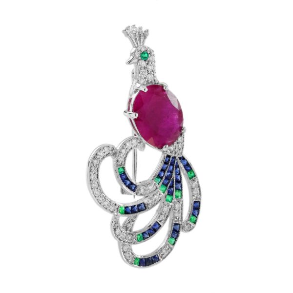 Certified 4.25ct Burma Ruby Emerald Sapphire Diamond Peacock Brooch, certified 4.25 carat oval Burma ruby body emerald eye, emerald sapphire diamond tail feathers in 18ct white gold