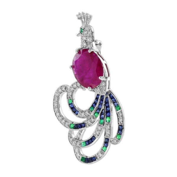 Certified 4.25ct Burma Ruby Emerald Sapphire Diamond Peacock Brooch, certified 4.25 carat oval Burma ruby body emerald eye, emerald sapphire diamond tail feathers in 18ct white gold