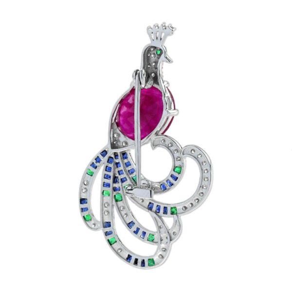 Certified 4.25ct Burma Ruby Emerald Sapphire Diamond Peacock Brooch, certified 4.25 carat oval Burma ruby body emerald eye, emerald sapphire diamond tail feathers in 18ct white gold
