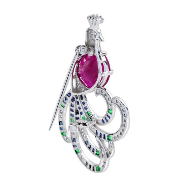 Certified 4.25ct Burma Ruby Emerald Sapphire Diamond Peacock Brooch, certified 4.25 carat oval Burma ruby body emerald eye, emerald sapphire diamond tail feathers in 18ct white gold