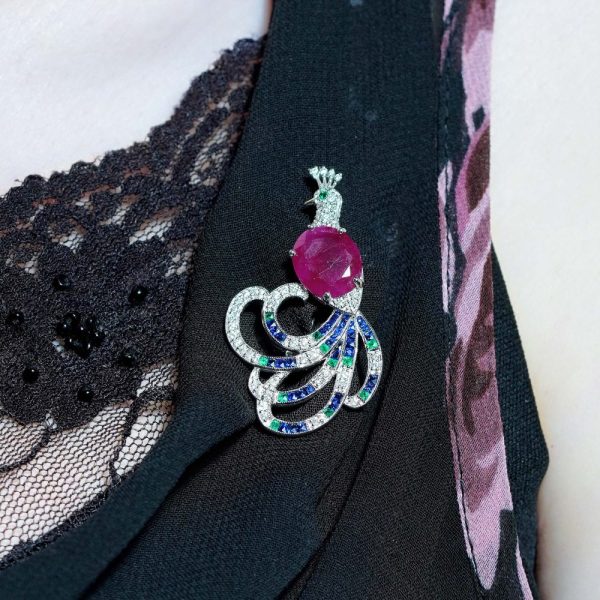 Certified 4.25ct Burma Ruby Emerald Sapphire Diamond Peacock Brooch, certified 4.25 carat oval Burma ruby body emerald eye, emerald sapphire diamond tail feathers in 18ct white gold