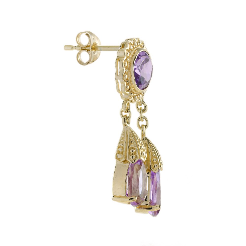 Vintage Style 6.90ct Amethyst Double Drop Earrings in 9ct Yellow Gold, Oval amethyst tops framed in a delicate gold floral designs suspend two pear teardrop-shaped amethysts