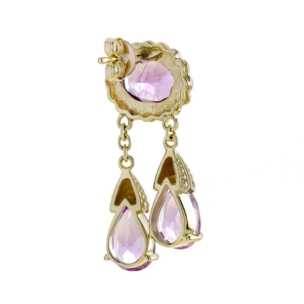 Vintage Style 6.90ct Amethyst Double Drop Earrings in 9ct Yellow Gold, Oval amethyst tops framed in a delicate gold floral designs suspend two pear teardrop-shaped amethysts