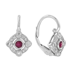 Ruby and Diamond Target Cluster Drop Earrings, Vibrant round ruby centres encircled by sparkling diamonds in 9ct white gold. with lever back fittings