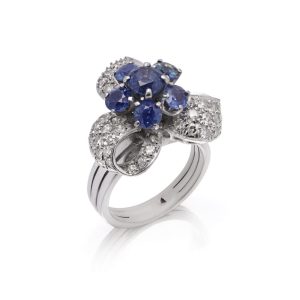 Sapphire And Diamond Cluster Ribbon Ring In 14 Carat White Gold