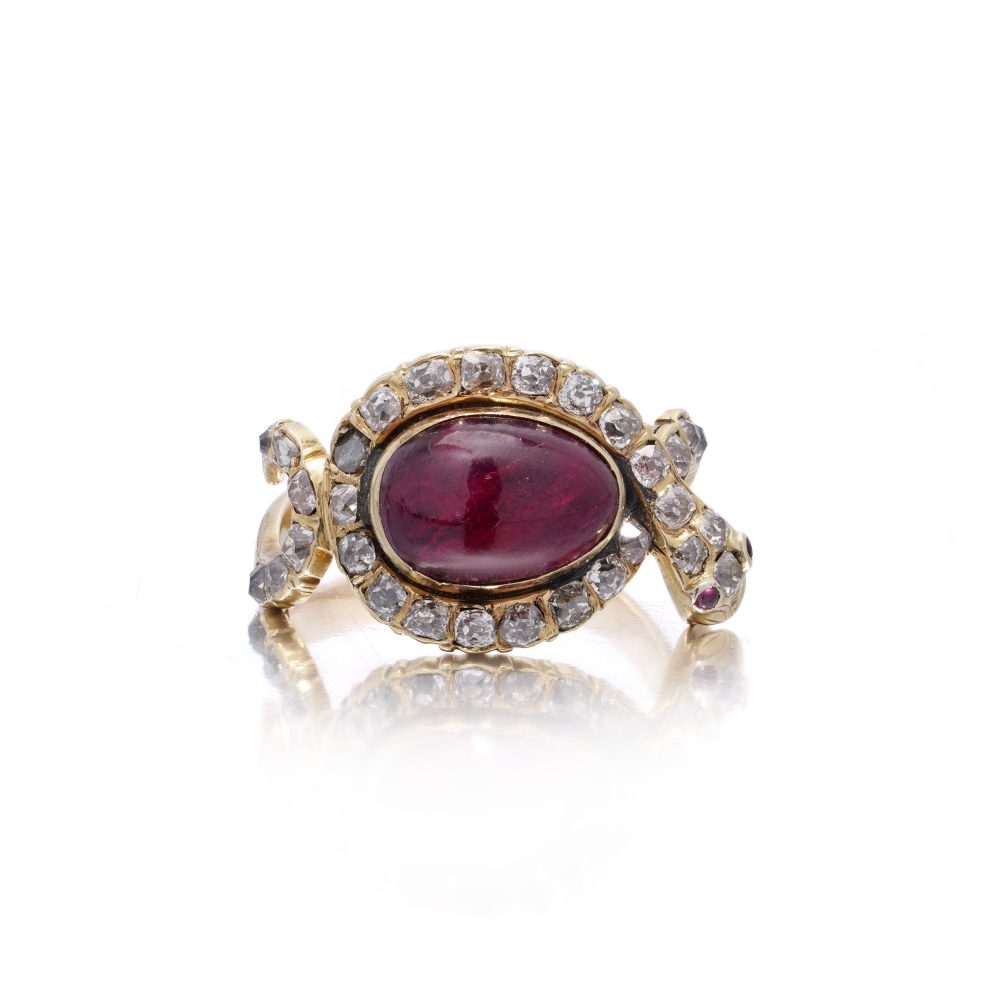 Victorian ruby and diamond snake ring in gold.