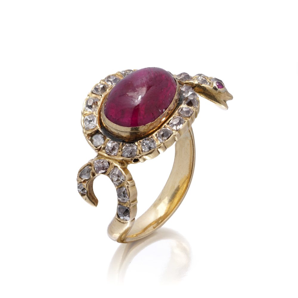 Victorian ruby and diamond snake ring in gold.
