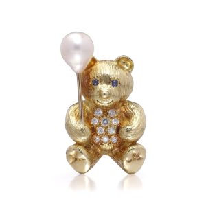18 Carat Yellow Gold Bear Brooch With Pearl Balloon, Diamonds And Sapphires
