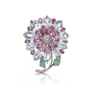 Vintage Platinum And 9 Carat White Gold Floral Brooch With Multi Colour Gemstones
