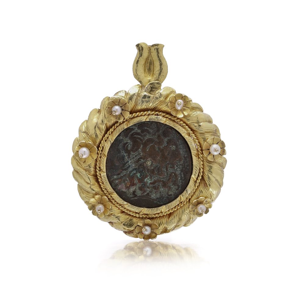 Antique gold pendant with Ptolemaic bronze coin and pearls.