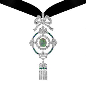 Black Opal Emerald Sapphire and Diamond Choker Necklace, oval cabochon black opal encircled by diamond halos with diamond bow and diamond chandelier drop pendant in 18ct white gold