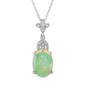 3.62ct Oval Opal and Diamond Pendant Necklace, 3.62 carat oval cabochon Australian opal with play-of-colour suspended from diamond fleur-de-lis top in 18ct white gold