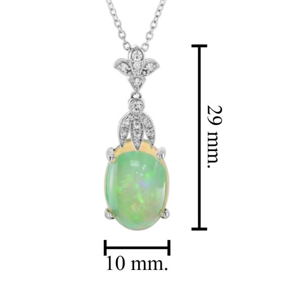 3.62ct Oval Opal and Diamond Pendant Necklace, 3.62 carat oval cabochon Australian opal with play-of-colour suspended from diamond fleur-de-lis top in 18ct white gold