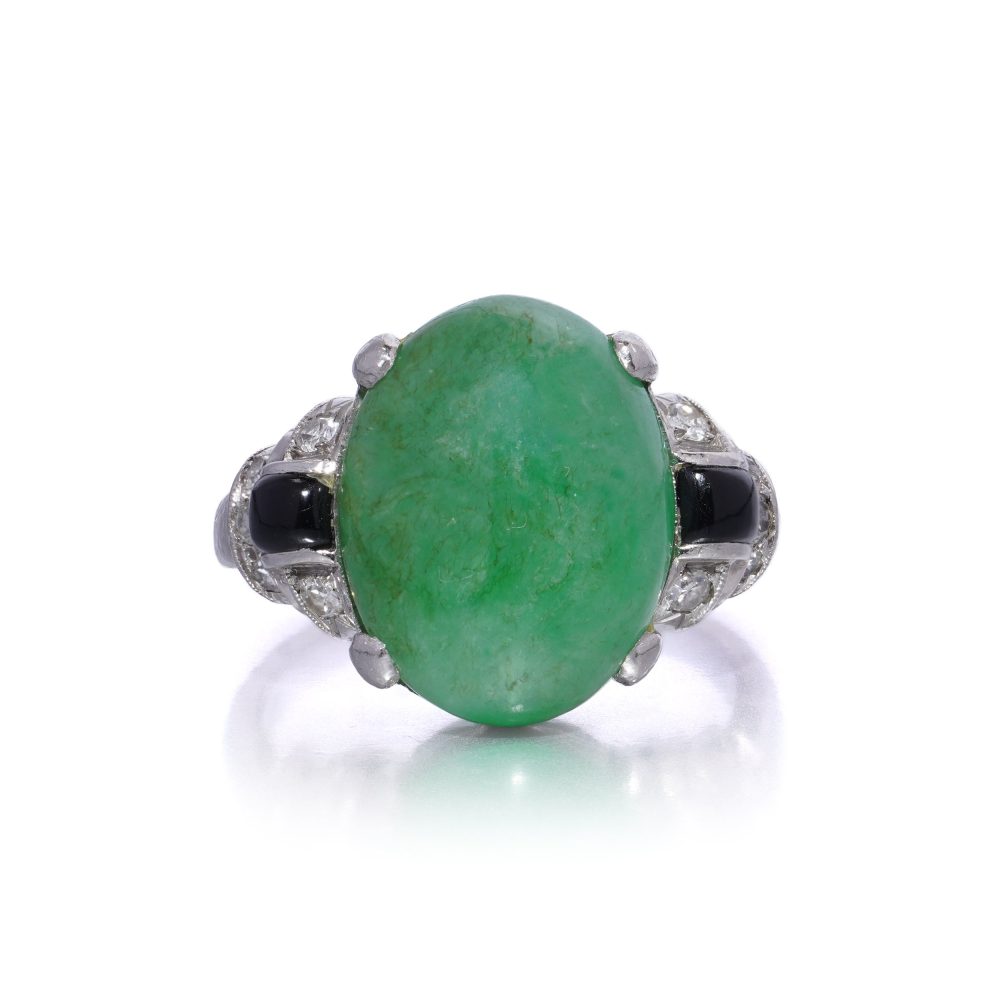Art Deco Style Natural No Heat 6.40ct Jadeite Jade Onyx and Diamond Ring in Platinum, confirmed untreated by gemmological report