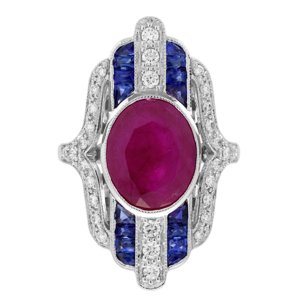 Certified 4.97ct Burma Ruby Sapphire and Diamond Cluster Plaque Ring, 4.97ct oval red Burmese ruby centrally set within alternating French-cut sapphires and brilliant diamonds striped line design in 18ct white gold with GFCO laboratory report
