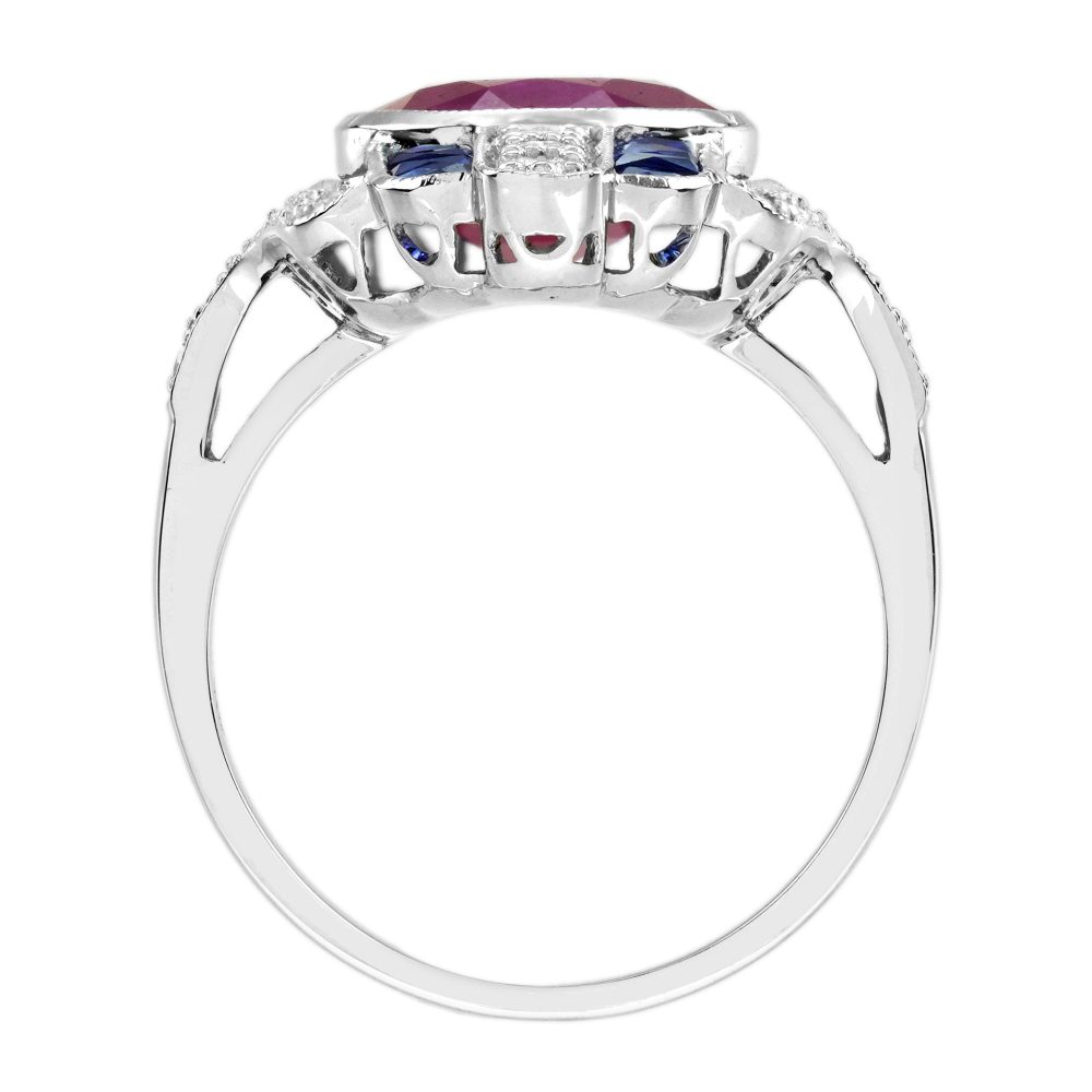 Certified 4.97ct Burma Ruby Sapphire and Diamond Cluster Plaque Ring, 4.97ct oval red Burmese ruby centrally set within alternating French-cut sapphires and brilliant diamonds striped line design in 18ct white gold with GFCO laboratory report