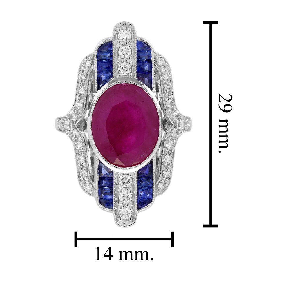Certified 4.97ct Burma Ruby Sapphire and Diamond Cluster Plaque Ring, 4.97ct oval red Burmese ruby centrally set within alternating French-cut sapphires and brilliant diamonds striped line design in 18ct white gold with GFCO laboratory report