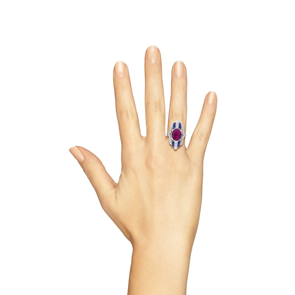 Certified 4.97ct Burma Ruby Sapphire and Diamond Cluster Plaque Ring, 4.97ct oval red Burmese ruby centrally set within alternating French-cut sapphires and brilliant diamonds striped line design in 18ct white gold with GFCO laboratory report